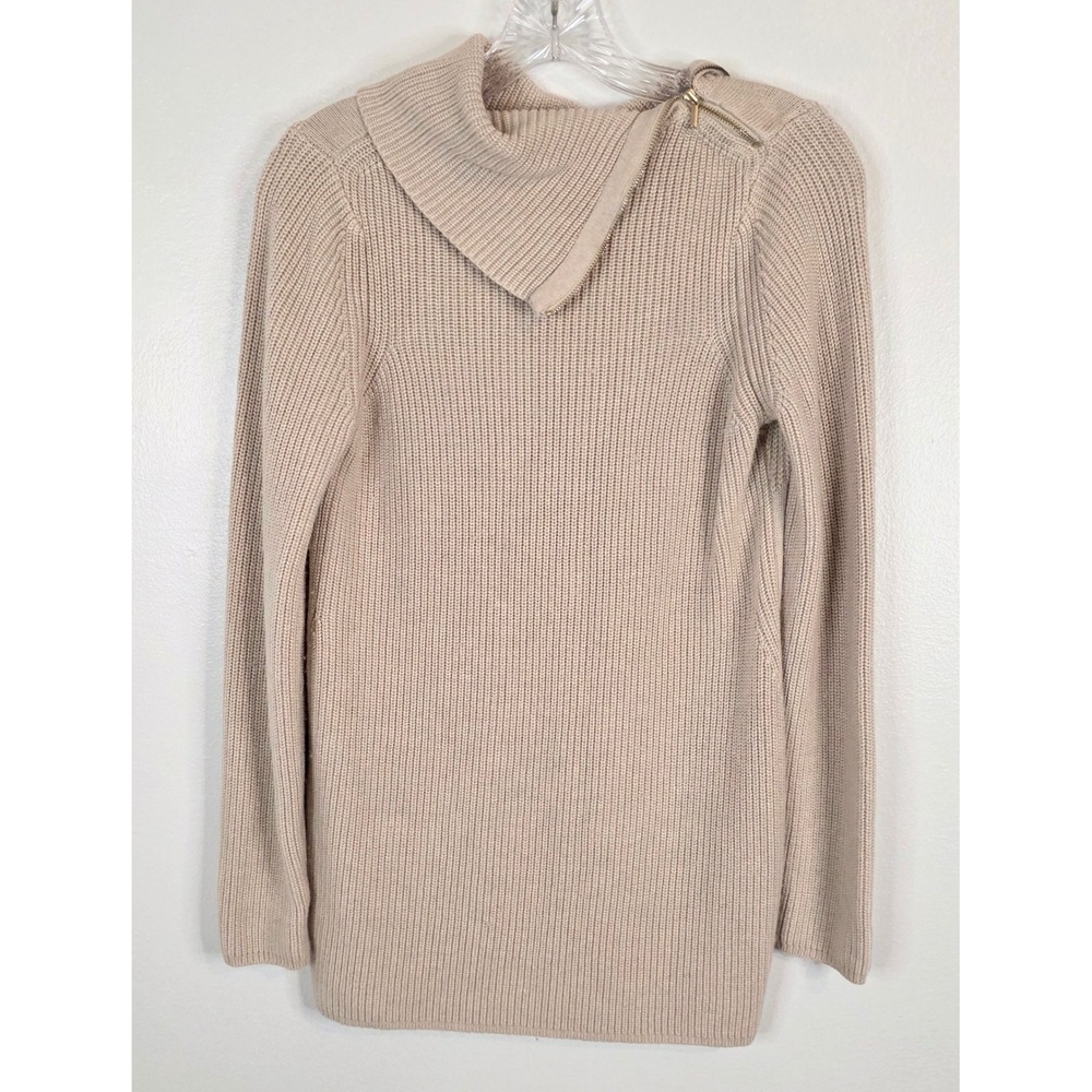 ETC Etcetera Beige Ribbed Cashmere Blend Asymmetric Zip Neck Sweater Small